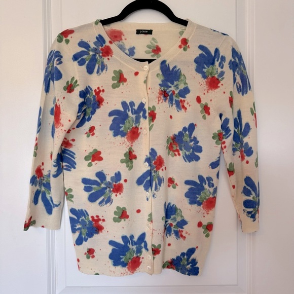 J. Crew 100% Merino Wool Cream and Blue Floral X Small Cardigan - Picture 1 of 4